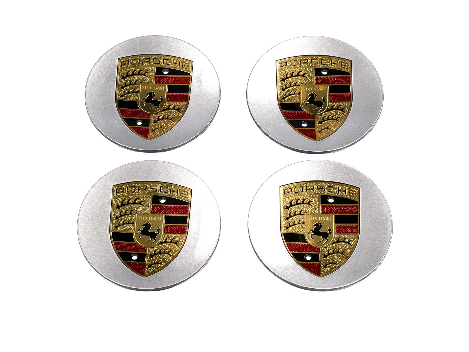 Wheel Center cap set (4 pcs.) Concave with coloured Porsche crest, in Brilliant Chrome Porsche