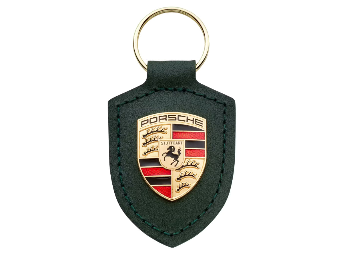 Porsche Crested leather keyring, Green. 'Driven by Dreams' – 75Y Porsche